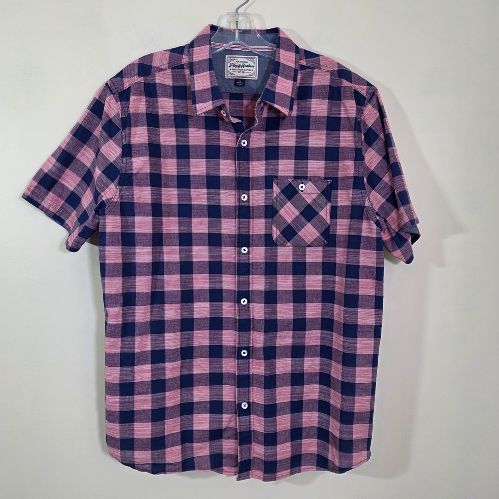 Flag & Anthem Mens Shirt Buffalo Plaid Cotton Casual Button Down Pink Navy Sz L